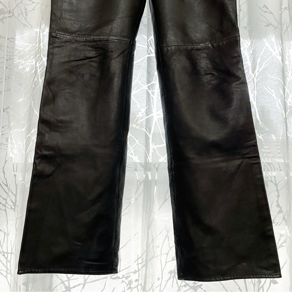 Real genuine leather black high waisted straight leg long pants with pockets - Picture 4 of 14